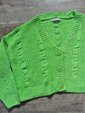 Bright Green Cropped Colorful Knit Button Front Relaxed Fit Cardigan Sweater